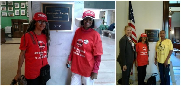 Anise Jenkins and Evanna Powell after meeting with a Sen. Christopher Murphy (D-Conn.) staffer.  Karen Szulgit and Nia 2x, president of the Greater DC Chapter of the National Action Network, flank Anise Jenkins outside the office of Sen. Richard Shelby (R-Ala.).