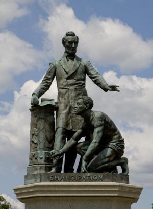 The Emancipation Statue in Lincoln Park was dedicated in 1876, and depicts President Abraham Lincoln standing elegantly while, kneeling next to him, a former slave looks up with a forlorn expression.