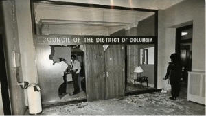 Picture of interior damage of the John A. Wilson Building.