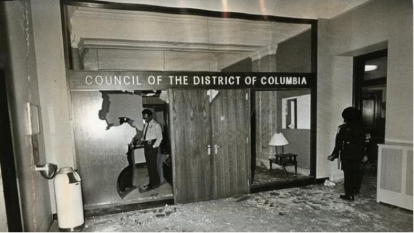 Picture of interior damage of the John A. Wilson Building.